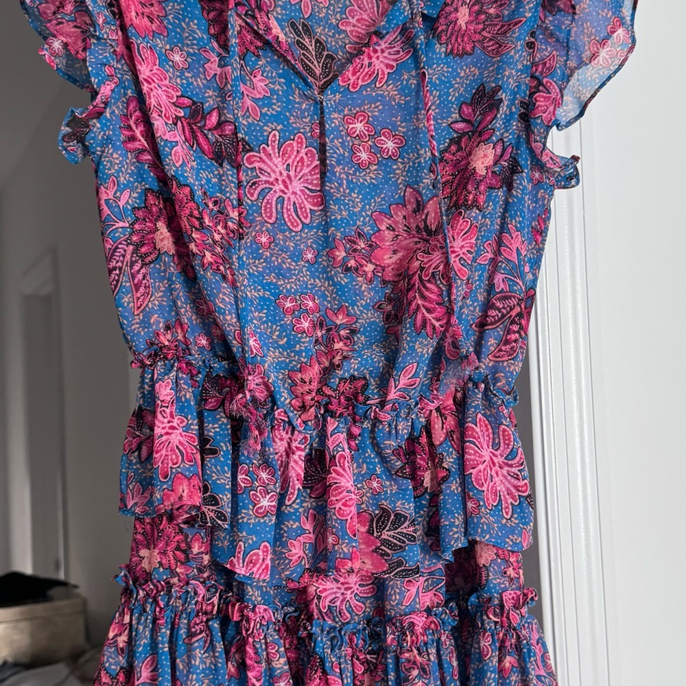 Misa Los Angeles Floral Ruffle Dress in Blue and Pink